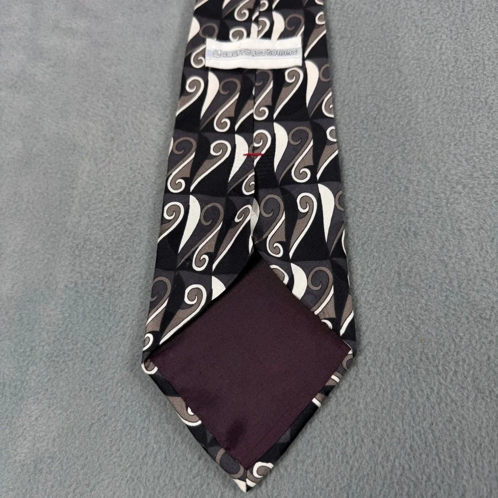 Courreges‎ Homme Mens Silk Necktie Black Grey White Geometric Swirl Italian Silk